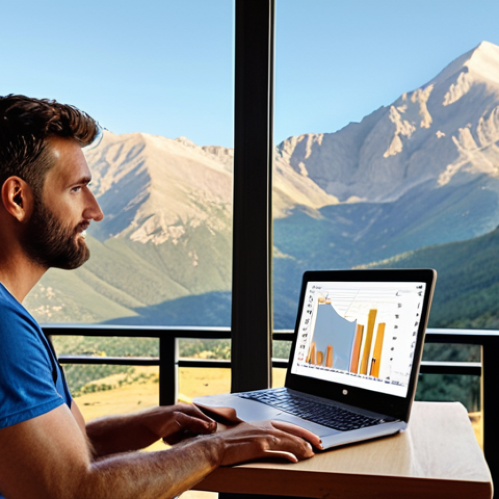 A former ski instructor, with a confident and serene expression, sitting on a balcony overlooking a majestic Spanish mountain range (like the Pyrenees or Sierra Nevada) during summer. They are actively engaged with a laptop, subtle digital elements (code lines, data graphs) are creatively integrated into the background blending with the natural landscape, symbolizing the transition to remote digital work like marketing or web development. The scene evokes a sense of freedom, productivity, and the successful adaptation of an outdoor professional to the digital world. Warm, inviting light.
