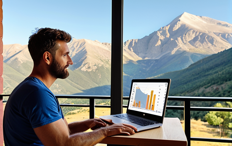 A former ski instructor, with a confident and serene expression, sitting on a balcony overlooking a majestic Spanish mountain range (like the Pyrenees or Sierra Nevada) during summer. They are actively engaged with a laptop, subtle digital elements (code lines, data graphs) are creatively integrated into the background blending with the natural landscape, symbolizing the transition to remote digital work like marketing or web development. The scene evokes a sense of freedom, productivity, and the successful adaptation of an outdoor professional to the digital world. Warm, inviting light.