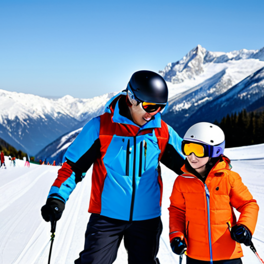 A professional ski instructor, an adult male or female, in a vibrant, fully-zipped ski jacket, ski pants, helmet, and goggles, standing on a pristine snowy ski slope. They are gently guiding a beginner student (a child or adult, also fully clothed in appropriate ski gear), demonstrating a turning technique. The instructor has a patient, encouraging expression. In the background, there are clear, crisp mountain peaks under a bright, sunny sky. The scene is full of natural light, showcasing the joy of learning. fully clothed, modest clothing, appropriate attire, professional dress, safe for work, appropriate content, professional, family-friendly, perfect anatomy, correct proportions, natural pose, well-formed hands, proper finger count, natural body proportions, professional photography, ultra-realistic, high detail, sharp focus, vibrant colors, dynamic composition.