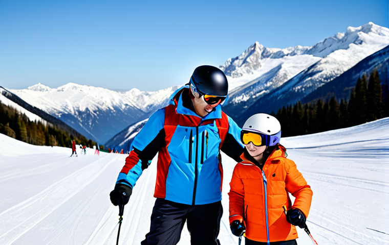 A professional ski instructor, an adult male or female, in a vibrant, fully-zipped ski jacket, ski pants, helmet, and goggles, standing on a pristine snowy ski slope. They are gently guiding a beginner student (a child or adult, also fully clothed in appropriate ski gear), demonstrating a turning technique. The instructor has a patient, encouraging expression. In the background, there are clear, crisp mountain peaks under a bright, sunny sky. The scene is full of natural light, showcasing the joy of learning. fully clothed, modest clothing, appropriate attire, professional dress, safe for work, appropriate content, professional, family-friendly, perfect anatomy, correct proportions, natural pose, well-formed hands, proper finger count, natural body proportions, professional photography, ultra-realistic, high detail, sharp focus, vibrant colors, dynamic composition.