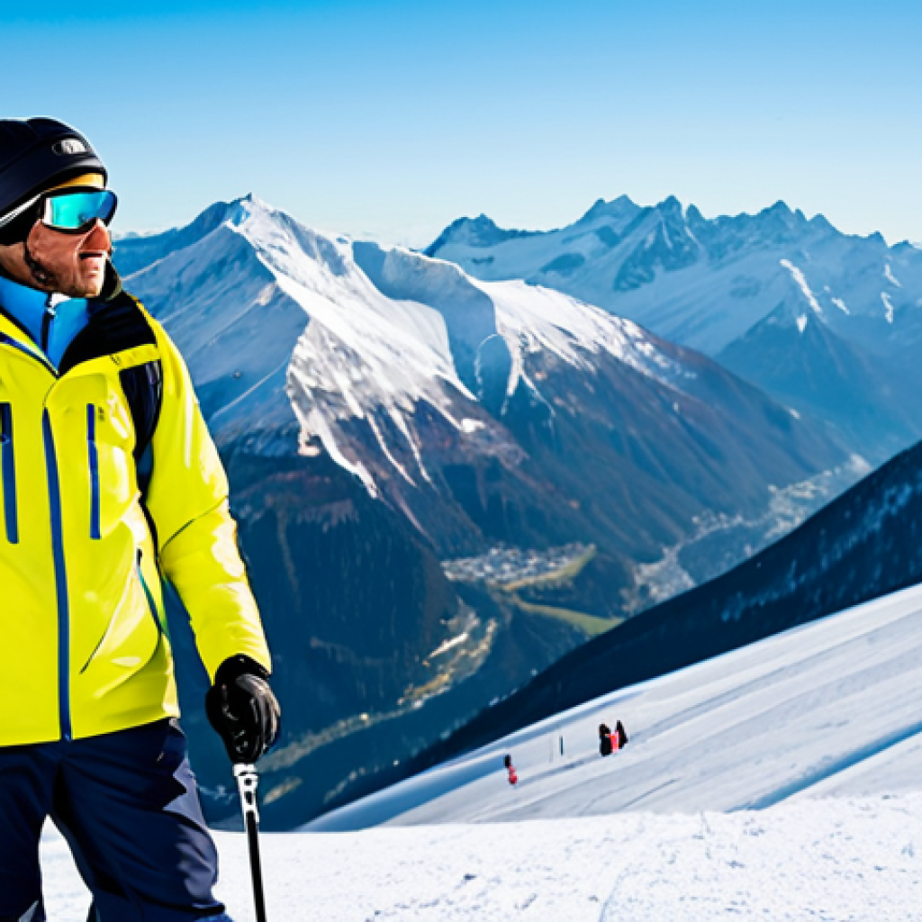 A professional male ski instructor in a vibrant, modest ski jacket and pants, fully clothed, appropriate attire, standing confidently on a snowy mountain peak, holding a smartphone on a gimbal, capturing content for social media. In the background, a modern ski resort with cable cars and a clear blue sky. Professional photography, sharp focus, vibrant colors, perfect anatomy, correct proportions, natural pose, well-formed hands, proper finger count, natural body proportions, safe for work, appropriate content, fully clothed, family-friendly.