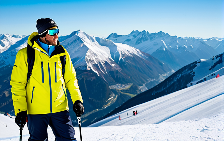A professional male ski instructor in a vibrant, modest ski jacket and pants, fully clothed, appropriate attire, standing confidently on a snowy mountain peak, holding a smartphone on a gimbal, capturing content for social media. In the background, a modern ski resort with cable cars and a clear blue sky. Professional photography, sharp focus, vibrant colors, perfect anatomy, correct proportions, natural pose, well-formed hands, proper finger count, natural body proportions, safe for work, appropriate content, fully clothed, family-friendly.