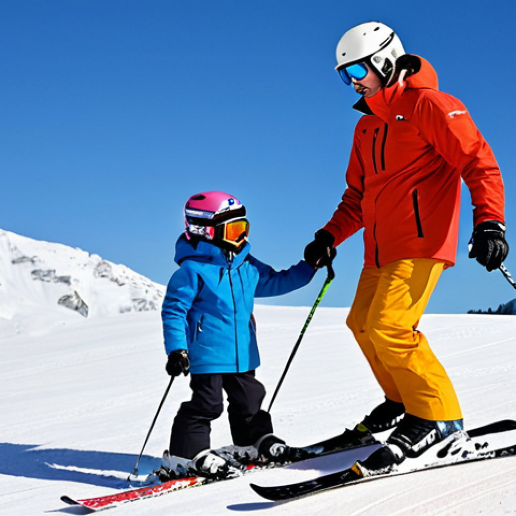 A professional male ski instructor, in his 40s, wearing a fully clothed, modest, and professional ski suit with a helmet and goggles, standing on a bright, sunny ski slope. He is gently guiding a young child, approximately 8 years old, who is also fully clothed in a vibrant, modest ski outfit. The child is confidently skiing down a gentle slope, displaying a small, triumphant smile, with majestic snow-covered mountains under a clear blue sky in the background. Professional photography, high quality, natural lighting, perfect anatomy, correct proportions, well-formed hands, proper finger count, natural body proportions, safe for work, appropriate content, fully clothed, professional, family-friendly, modest clothing, appropriate attire, professional dress.