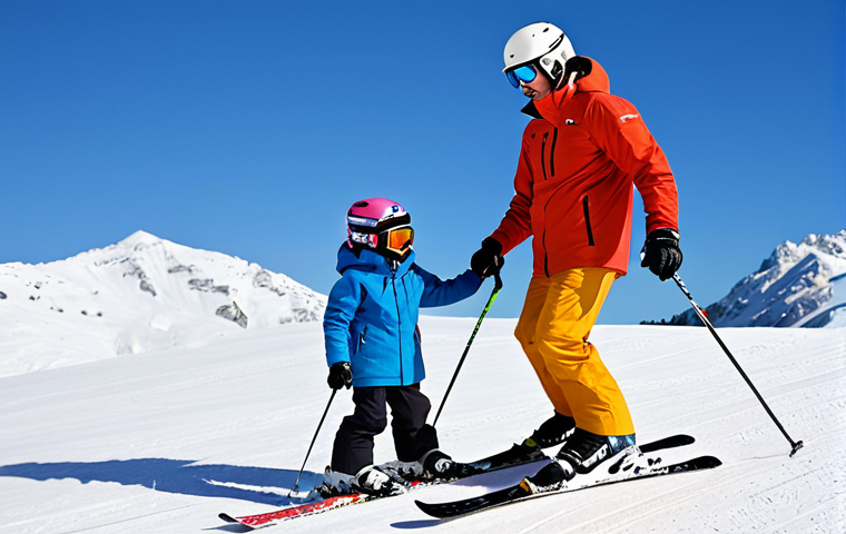 A professional male ski instructor, in his 40s, wearing a fully clothed, modest, and professional ski suit with a helmet and goggles, standing on a bright, sunny ski slope. He is gently guiding a young child, approximately 8 years old, who is also fully clothed in a vibrant, modest ski outfit. The child is confidently skiing down a gentle slope, displaying a small, triumphant smile, with majestic snow-covered mountains under a clear blue sky in the background. Professional photography, high quality, natural lighting, perfect anatomy, correct proportions, well-formed hands, proper finger count, natural body proportions, safe for work, appropriate content, fully clothed, professional, family-friendly, modest clothing, appropriate attire, professional dress.