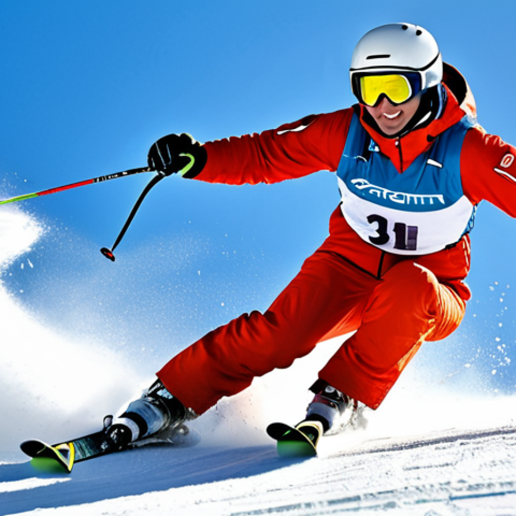 "Carving Turn on a Sunny Slope"**

"A skier in a professional ski suit, carving a clean turn on a groomed slope, blue sky, bright sunlight, snow spray, fully clothed, appropriate attire, safe for work, perfect anatomy, correct proportions, dynamic action shot, professional ski photography, high quality, family-friendly."

**