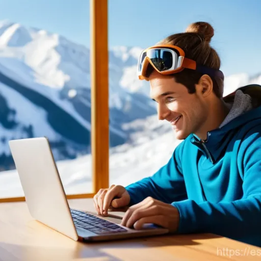 스키 강사의 장비 렌탈 고객 관리 - **Online Ski Rental Booking: Anticipation and Ease**
    A bright and modern image featuring a young...