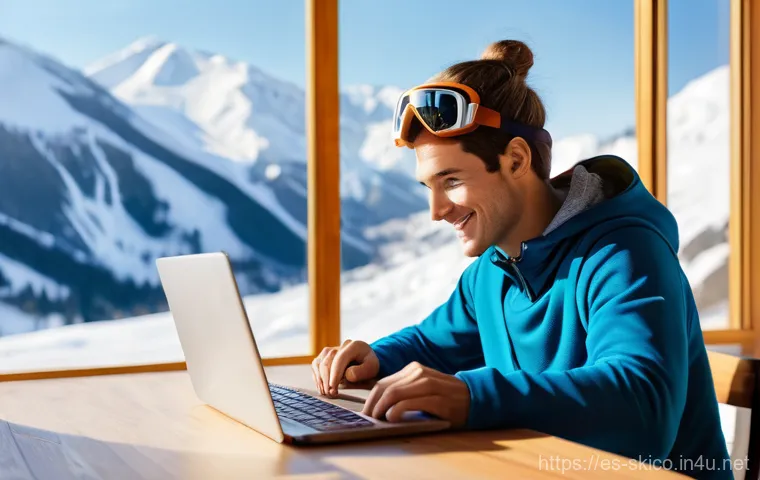 스키 강사의 장비 렌탈 고객 관리 - **Online Ski Rental Booking: Anticipation and Ease**
    A bright and modern image featuring a young...