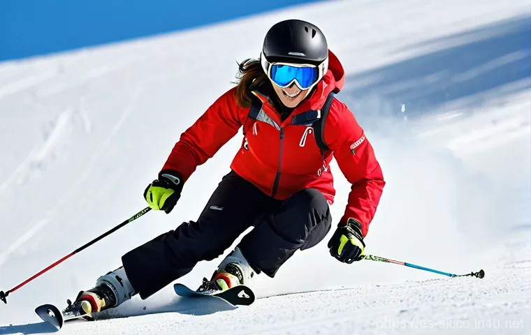 스키 강사의 실기 연습 비법 - **Dynamic Edge Control Demonstration:** A highly skilled female ski instructor, appearing in her ear...