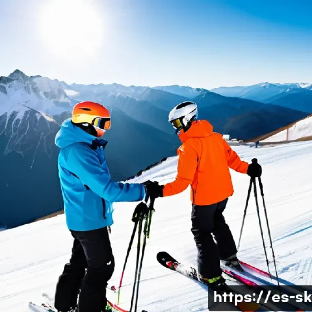 스키 강사의 신입 강사 멘토링 - A confident ski instructor, dressed in warm, modern ski gear and layered clothing, teaching a divers...