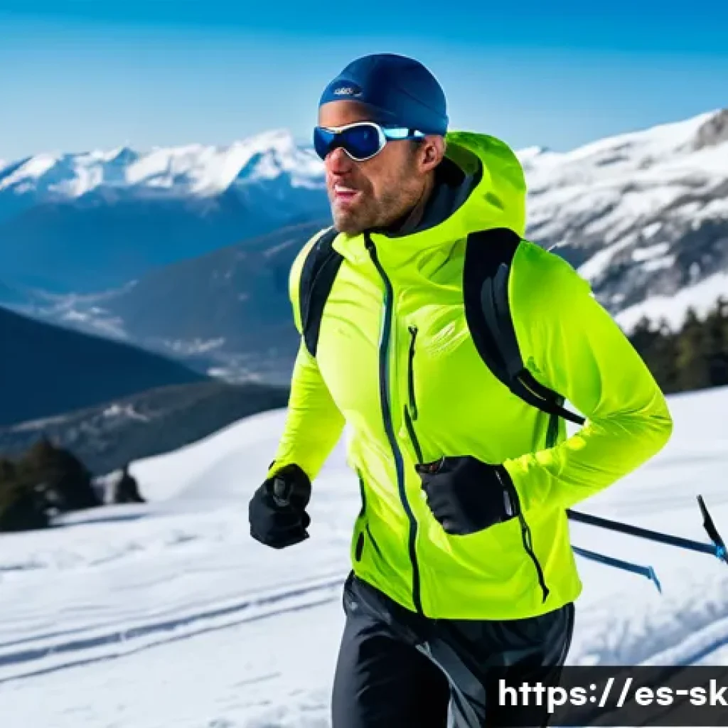 스키 강사로서 건강 유지하기 - A fit male ski instructor training outdoors on a mountainous trail during early morning, wearing the...