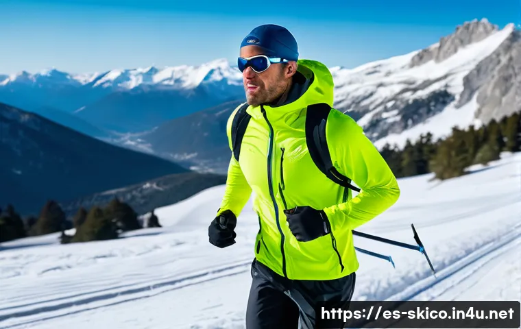 스키 강사로서 건강 유지하기 - A fit male ski instructor training outdoors on a mountainous trail during early morning, wearing the...
