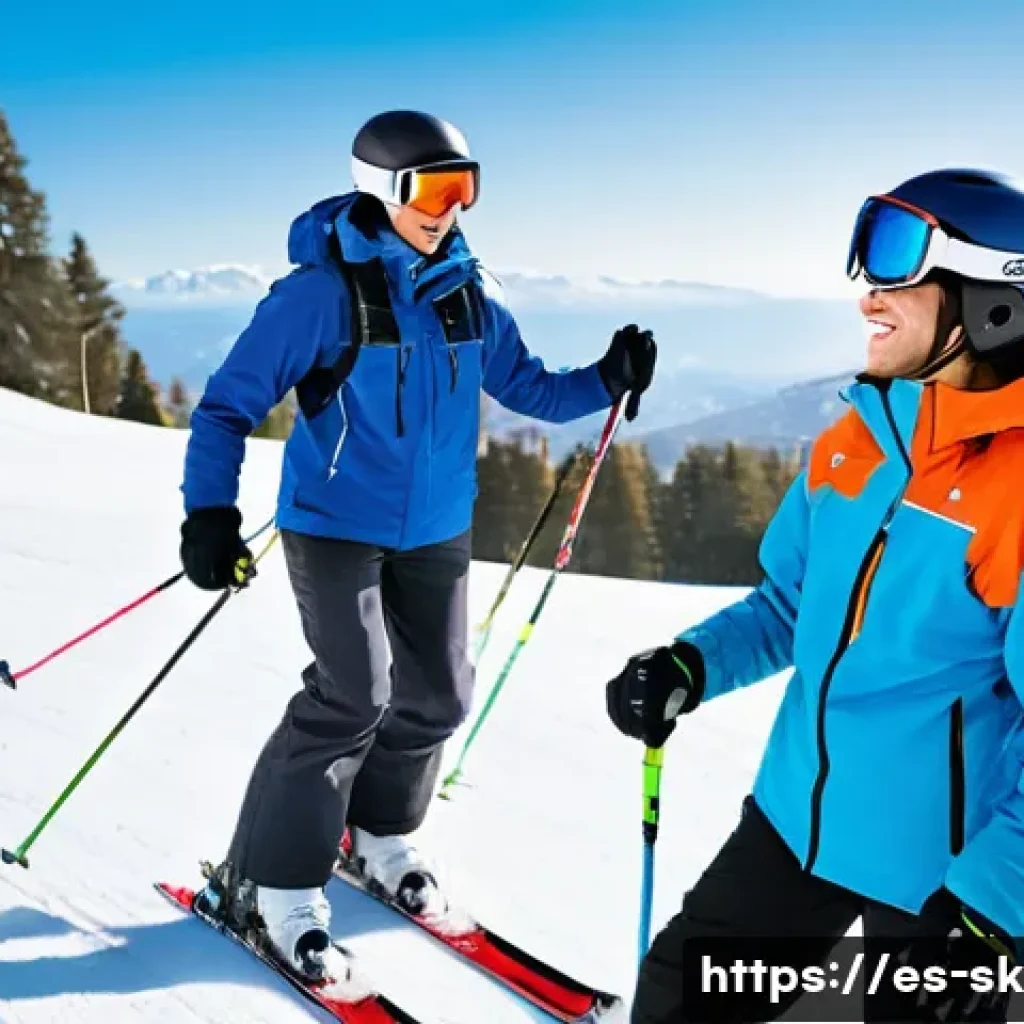 스키 강사의 멘토링 사례 연구 - A professional ski instructor mentoring a beginner on a snowy mountain slope during daytime, both we...