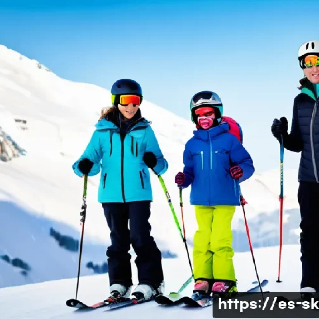 스키 강사의 자격증 취득 후 성장 계획 - A professional ski instructor leading a diverse group of adult and child students on a snowy mountai...