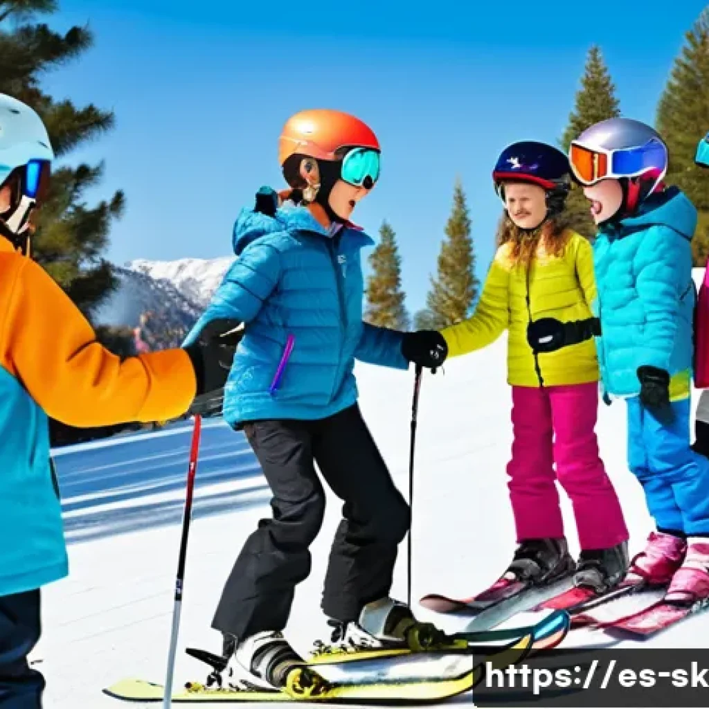 스키 강사의 비즈니스 전략 설계 - A professional ski instructor teaching a group of children on a snowy mountain slope in Spain, all k...