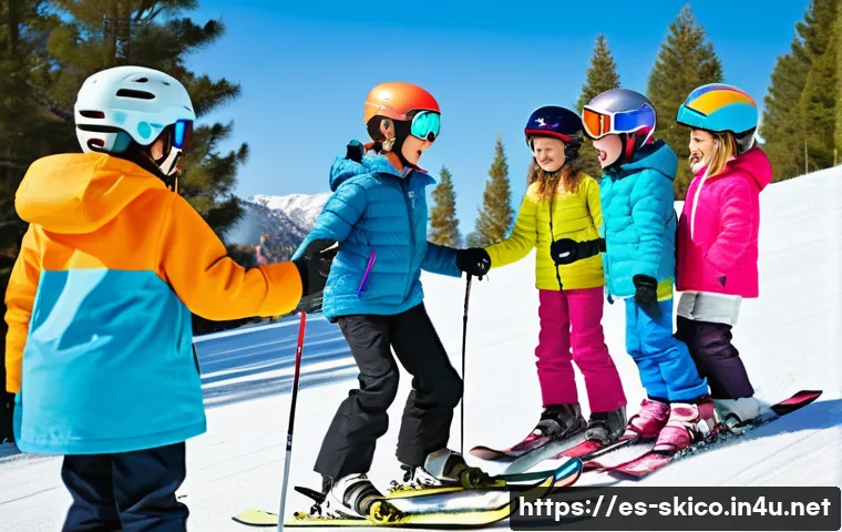 스키 강사의 비즈니스 전략 설계 - A professional ski instructor teaching a group of children on a snowy mountain slope in Spain, all k...