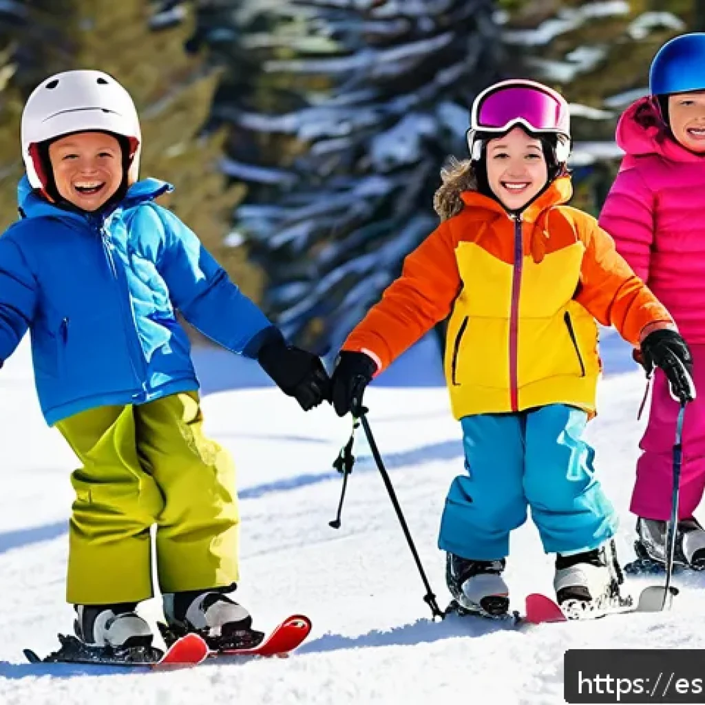 스키 강사의 어린이 수업 기술 - A cheerful group of young children, aged 3 to 7, dressed in colorful ski outfits including thermal u...