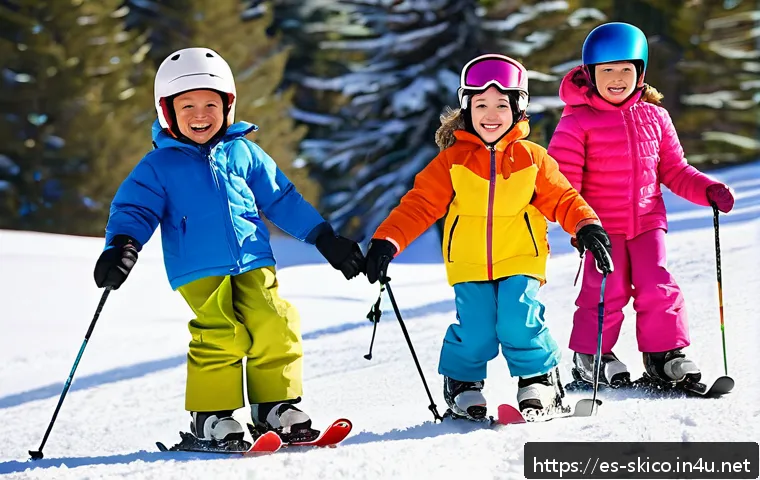 스키 강사의 어린이 수업 기술 - A cheerful group of young children, aged 3 to 7, dressed in colorful ski outfits including thermal u...