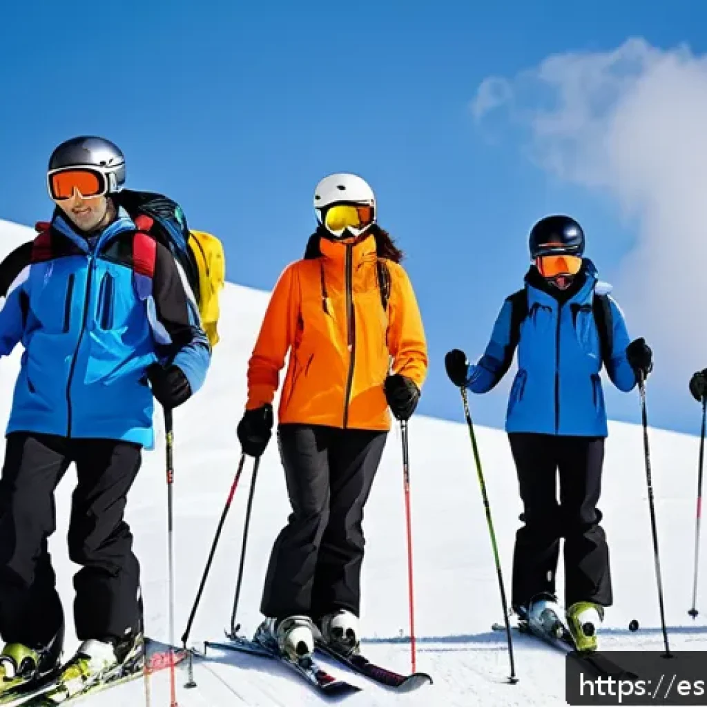스키 강사의 시간 관리와 효율성 - A professional ski instructor leading a diverse group of adult students on a snowy mountain slope un...
