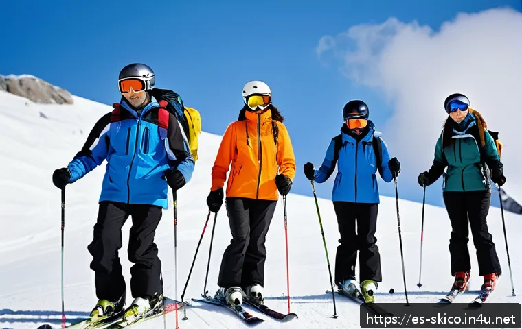 스키 강사의 시간 관리와 효율성 - A professional ski instructor leading a diverse group of adult students on a snowy mountain slope un...