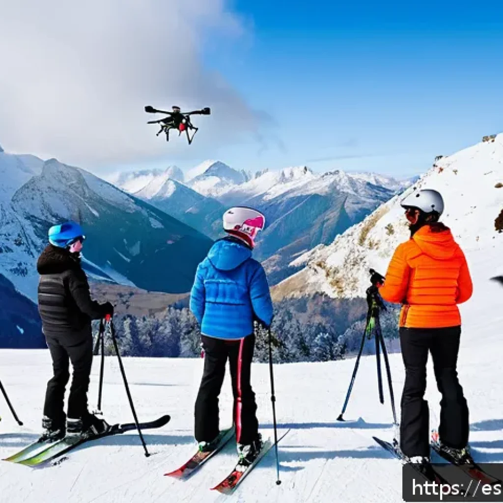 스키 강사의 강의 효과 실험 - A modern ski school class scene on a bright snowy mountain slope in the Pyrenees, showing a diverse ...