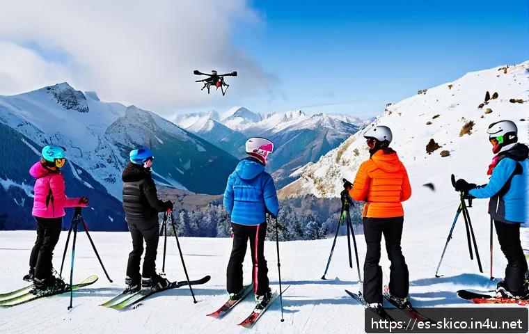스키 강사의 강의 효과 실험 - A modern ski school class scene on a bright snowy mountain slope in the Pyrenees, showing a diverse ...