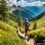 Home 19 스키 강사의 여가 및 취미 생활 - A professional ski instructor trail running through a lush green forest trail in the Pyrenees mounta...