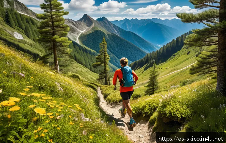 스키 강사의 여가 및 취미 생활 - A professional ski instructor trail running through a lush green forest trail in the Pyrenees mounta...
