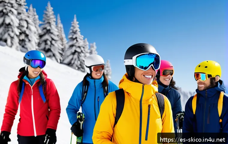 스키 강사의 실수와 대처 사례 - A ski instructor teaching a diverse group of adult students on a snowy mountain slope during a brigh...