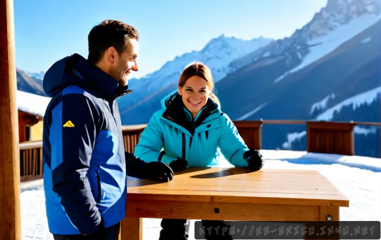 스키 강사의 멘토링 및 네트워킹 - Photorealistic ski instructor mentoring session on a sunny morning terrace at a Spanish Pyrenees mou...